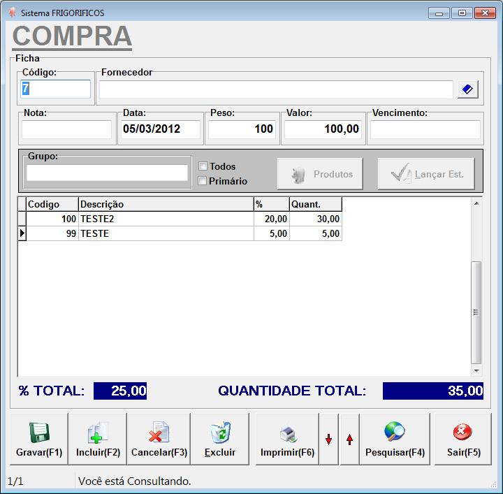 14. CADASTRO DE COMPRA DE PRODUTOS No cadastro de compra dará entrada no estoque, selecione o fornecedor, o peso e o valor da compra.