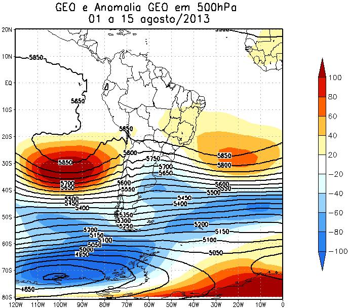 A sul de 20 S nota-se o fluxo bastante zonal, predominantemente de oeste com cavados de ondas curtas embebidos propiciando assim instabilidade em áreas do Sul.