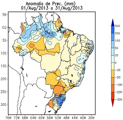 3. Análise das Anomalias de Precipitação e Temperatura 3.1 Precipitação A Figura 6A mostra a distribuição espacial das anomalias mensal e quinzenal de precipitação para o mês de agosto de 2013.