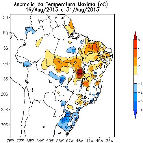 outro lado, nota-se anomalia negativa sobre áreas do sul do Brasil, favorecidas pela grande quantidade de nuvens, chuvas anômalas e incursão de transientes, fato que se verifica ao longo das duas