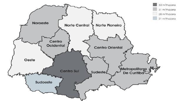 Evolução da Produtividade de Pinus spp por Mesorregião no Paraná 1970/2006 Fonte: CEFA 2007, a partir de dados do IBGE (2006) e de Sanquetta (2006) MESORREGIÃO INCREMENTO MÉDIO ANUAL (ha/m3/ano) 1970