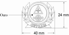 bordadura composta por três faixas circulares, com espessura de 1 mm, 3 mm e 1 mm, respectivamente,  característica de Mobilização de Material; envolvendo o conjunto, dois ramos de louro; na base dos