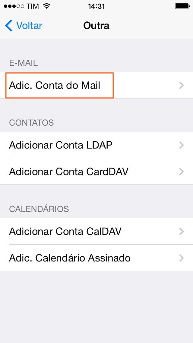 5. Selecione adicionar conta do Mail. 6.