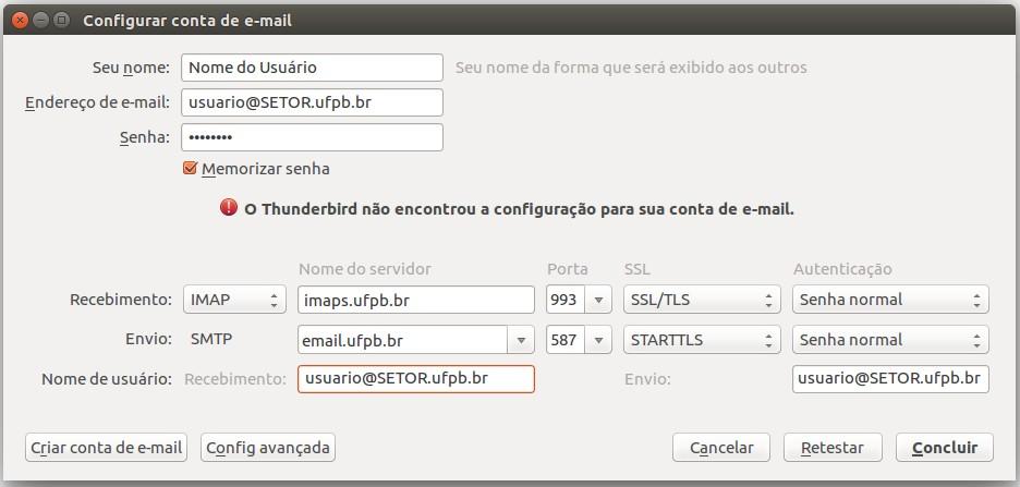 Na configuração manual, será necessário a inserção de algumas informações referentes a conexão do cliente de e-mail com o servidor. Segue a Figura 04 com os dados que devem ser preenchidos.