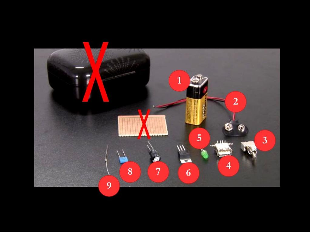 1 Bateria; 2 Conector da bateria; 3 Chave liga-desliga; 4 Conector USB fêmea; 5 Led; 6 Regulador de tensão 7805 (importante!