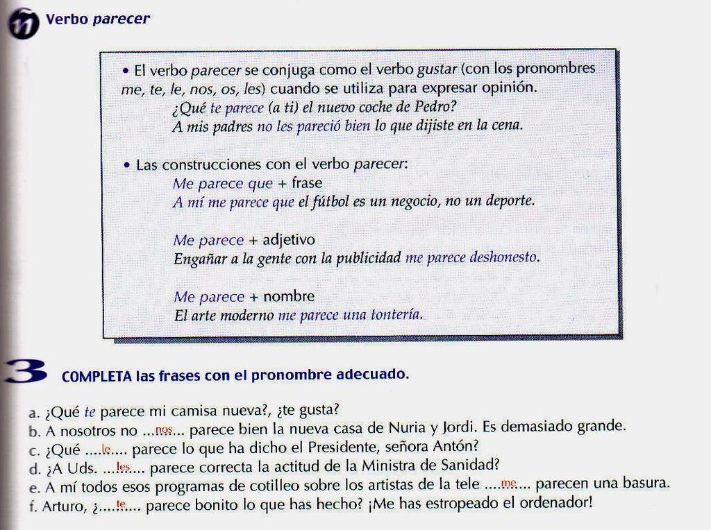 25, com a explicação da conjugação do verbo parecer (com os pronomes me, te, nos, os,