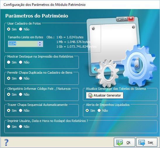 Sistema de Controle Patrimonial 8 Acesso aos Menus: nesta aba são listadas todas as telas de cadastros, de relatórios e de configurações existentes no módulo Patrimônio, assim como os tipos de