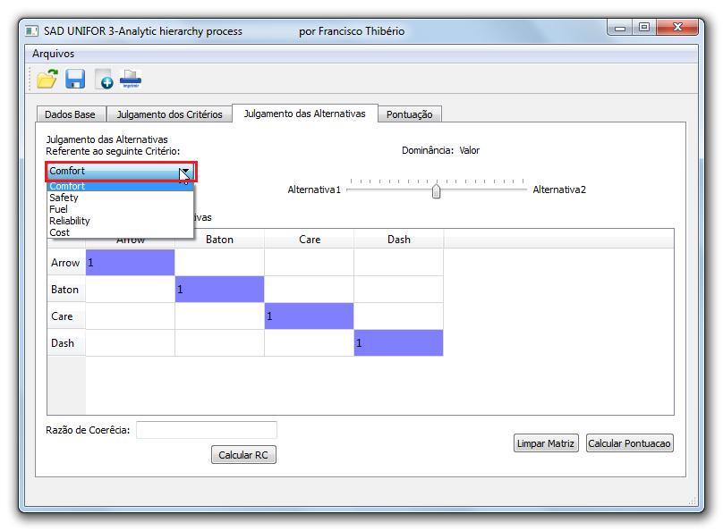 Continuando, na próxima aba é a repetição desse processo de comparação, contudo vai ser feito a comparação entre as alternativas relativas a cada um dos critérios.