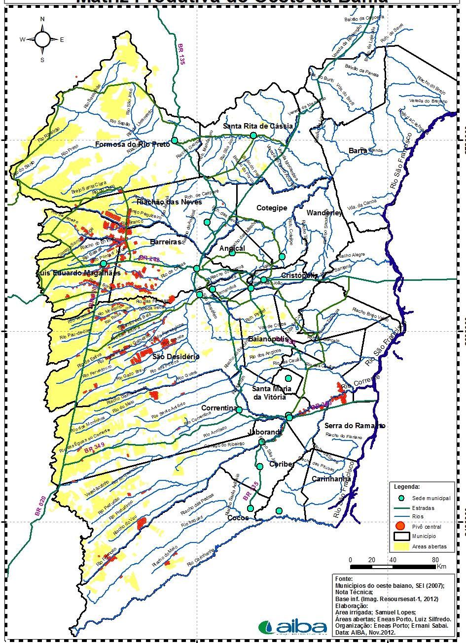 2.4 MATRIZ PRODUTIVA IRRIGADA PIVÔ CENTRAL Composição de Área Irrigada através de Pivô Central por Município do Oeste da Bahia - Ago/2014 - Estimativa N Municípios N Pivôs Área - ha¹ % Área 1