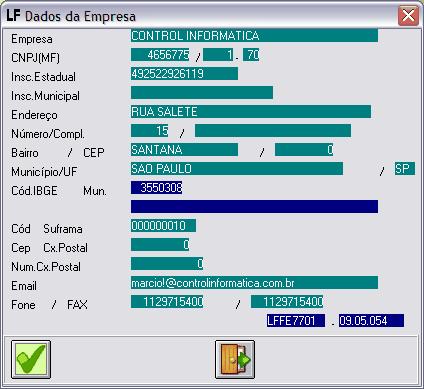 6 2.2 Cadastro da Empresa Objetivo: Preencher os dados referente a empresa, para utilização no arquivo SPED Fiscal Programas: Executável: LFFE7701 - Caminho: Especiais -> Outros Convenios -> SPED