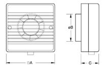 Ventilador axial, in-line Construção em termoplástico ABS Utilização em sanitários e balneários Dimensões (mm) BF A B C