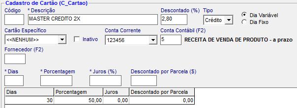 No campo Juros, informe o valor que o estabelecimento cobra de juros para a venda com cartão.