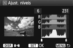 níveis Se seleccionar [Manual], pode alterar a distribuição do histograma e ajustar o brilho e o contraste da imagem. No ecrã Ajust. níveis, carregue no botão <B> para alterar a posição de <h>.