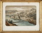 Base de licitação: 80 846 :: "Vista do Porto" litografia colorida sobre papel. Emoldurada.