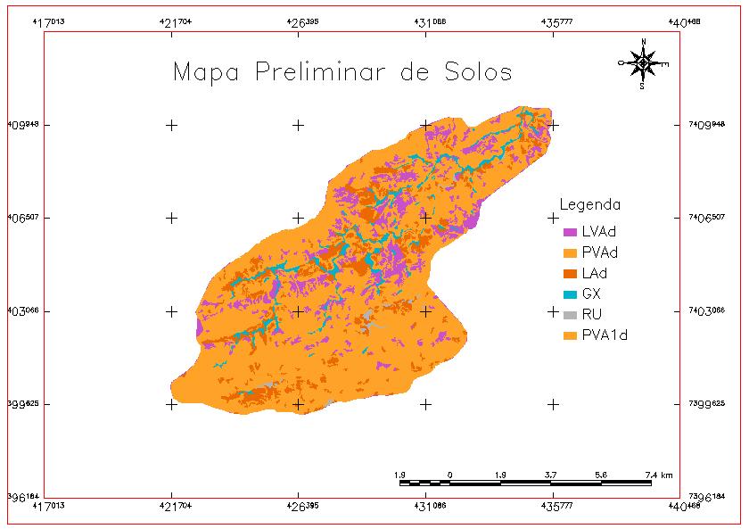 Figura 2. Distribuição das Classes de Solos no mapeamento preliminar na bacia hidrográfica do Ribeirão Fartura. Os ARGISSOLOS VERMELHO AMARELOS constituem uma classe de maior expressão na região.