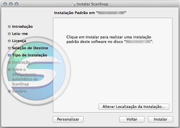 Instalando no Mac OS 9. Clique o botão [Instalar]. O aplicativo a ser instalado pode ser especificado clicando o botão [Personalizar].