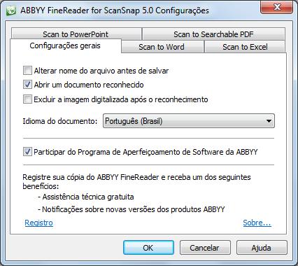 Usando o ScanSnap com o Quick menu (Windows) Preferências As configurações relacionadas ao [ABBYY Scan to Word], [ABBYY Scan to Excel(R)] ou [ABBYY Scan to PowerPoint(R)] podem ser alteradas. 1.
