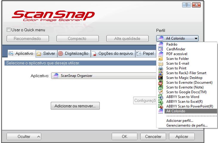 Perfil (Windows) Alterando as configurações dos perfis 1. Pelo menu do botão direito, selecione [Configurações do botão Scan].