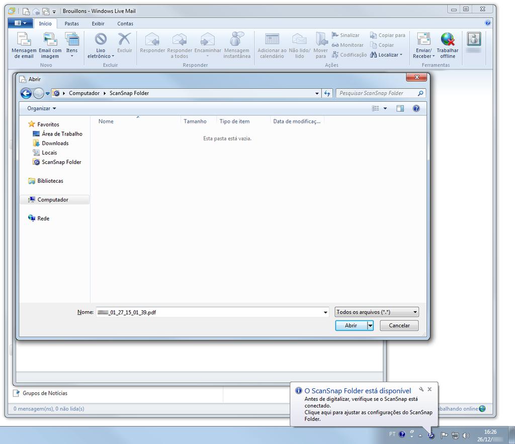 Operações do ScanSnap Folder (Windows) 3. Selecione o ScanSnap Folder. Uma notificação será exibida no ícone da área de notificação do ScanSnap Manager e a digitalização estará disponível.