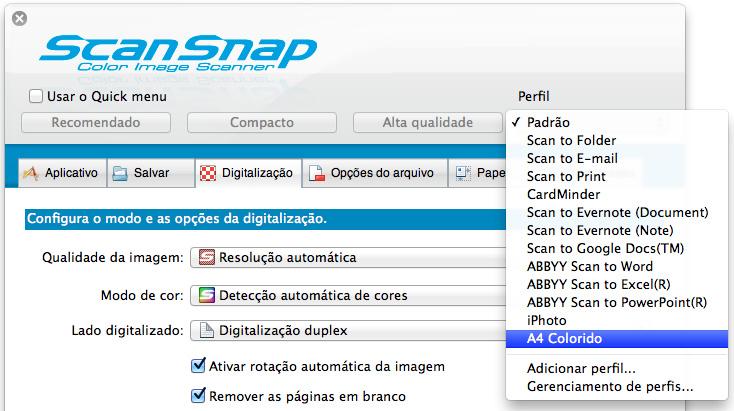 Perfil (Mac OS) Alterando as configurações dos perfis 1. Selecione [Configurações] no menu do ScanSnap Manager.