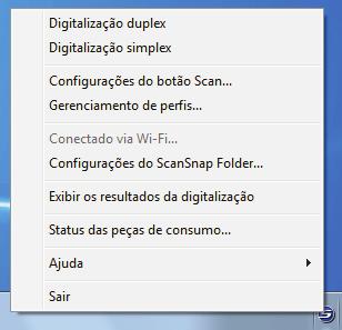Visão geral do ScanSnap Manager Menu do botão direito (Windows) Este menu será exibido ao clicar o ícone do ScanSnap Manager com o botão direito.