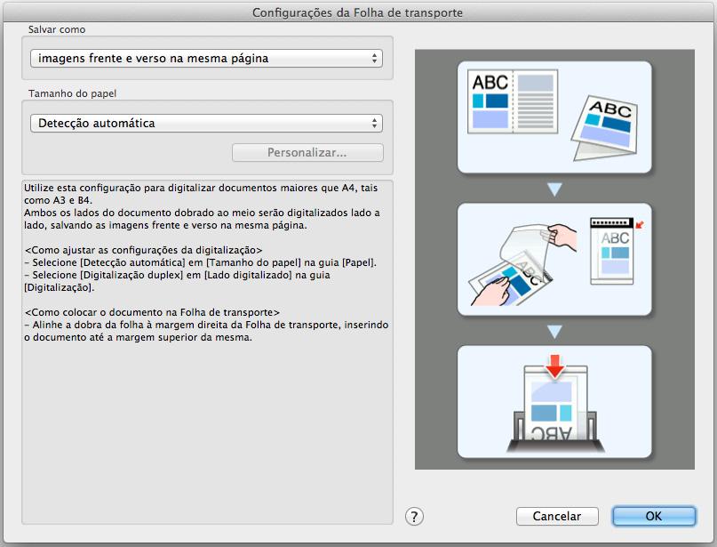 Criando imagens digitalizadas de acordo com as necessidades (Mac OS) 3. Selecione [imagens frente e verso na mesma página] em [Salvar como] e clique o botão [OK].