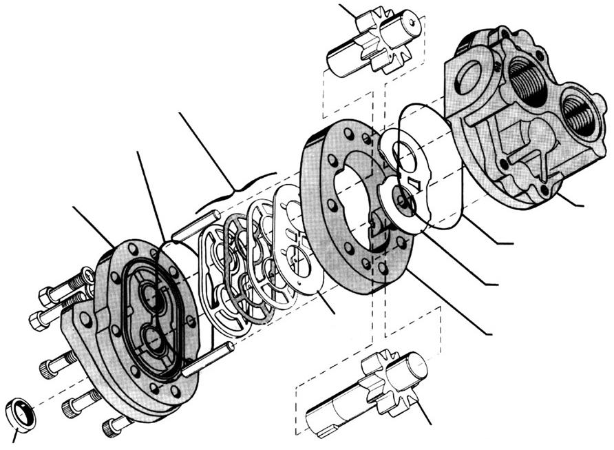 Como Funciona uma Bomba de Engrenagem Detalhes dos Componentes de uma Bomba de Engrenagem Retentor engrenagem motora placa de apoio Seção central alumínio extrudado Placa de apoio bimetálica Cabeçote