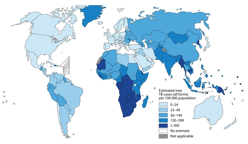 Figura 2.1: Estimação da taxa de incidência de tuberculose em 2011. Fonte OMS [13].