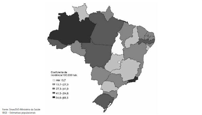 2, onde os estados do Rio de Janeiro e do Amazonas apresentam as situações mais graves. Somente no ano de 2012, foram notificados, no Rio de Janeiro, 13.