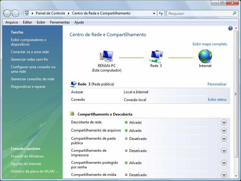 4.3. O Windows irá abrir a tela da Central de redes e compartilhamento que lista todas as redes existentes em seu