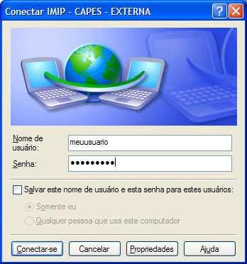 2.11. Agora sua VPN IMIP-CAPES está configurada, lembra-se do usuário de rede que falamos no início, é agora que você irá utiliza-lo: Digite seu usuário e senha e em seguida clique em conectar-se,