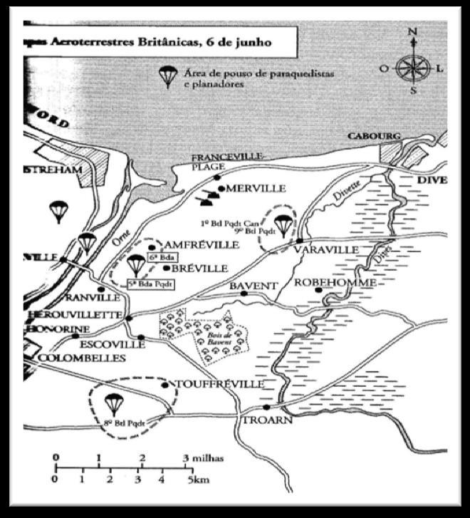 Imagem destacada sobre a área de pouso e atuação das tropas aerotransportadas britânicas na Normandia
