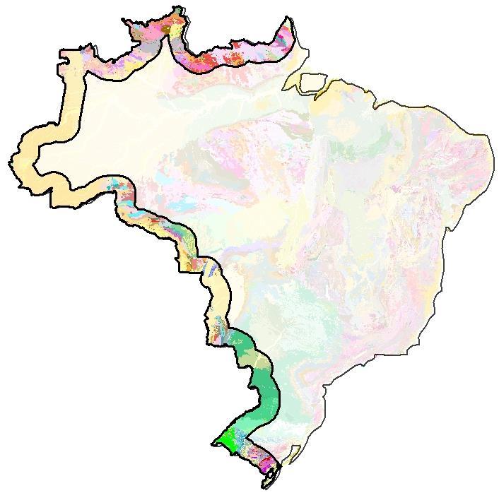 Geologia e Potencial Mineral 63% da área total da Faixa de Fronteira tem cobertura Fanerozóica. 37% da área total da Faixa de Fronteira com embasamento cristalino.