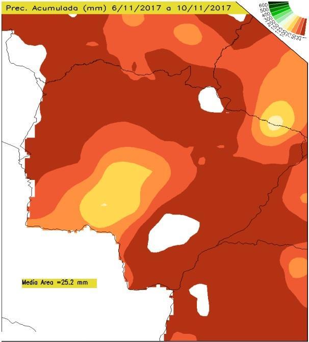 Precipitação Pluviométrica Acumulada para o Mato Grosso do Sul Entre os dias 06 a 10 de Novembro de 2017, verifica-se, na figura 1, que ocorreram precipitações em todo estado variando