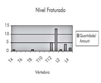 74 Cruz CP Figura 3 Região da transição tóraco-lombar (T11 a L2) Figura 4 RESULTADOS A principal localização das fraturas foi na região da transição toracolombar (T11 a L2) estando alguma vértebra