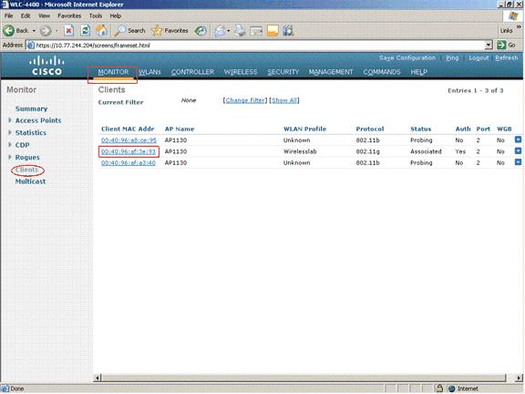 2. Você vê uma lista de clientes Wireless que são associados a este WLC. Clique sobre o cliente que autenticou com ACS.