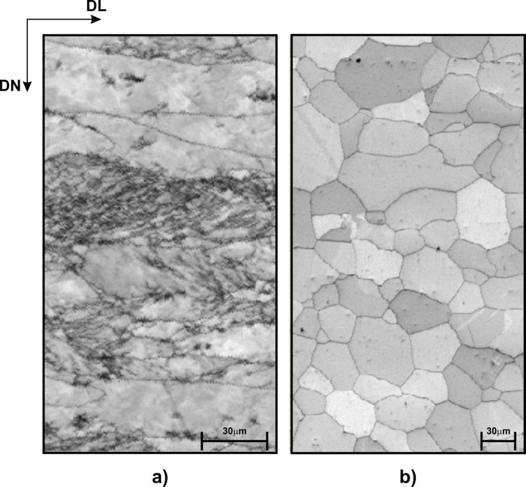 78 que nas LQNR os grãos estão panquecados na direção de laminação e mais deformados. Essa diferença na microestrutura é proveniente do recozimento no qual as amostras recozidas foram submetidas.