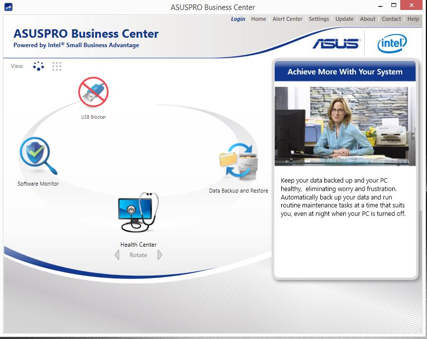 Ecrã inicial do ASUSPRO Business Center opções do menu Clique num dos