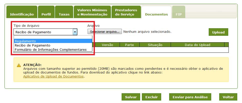 Para anexar os documentos do fundo, na aba Documentos