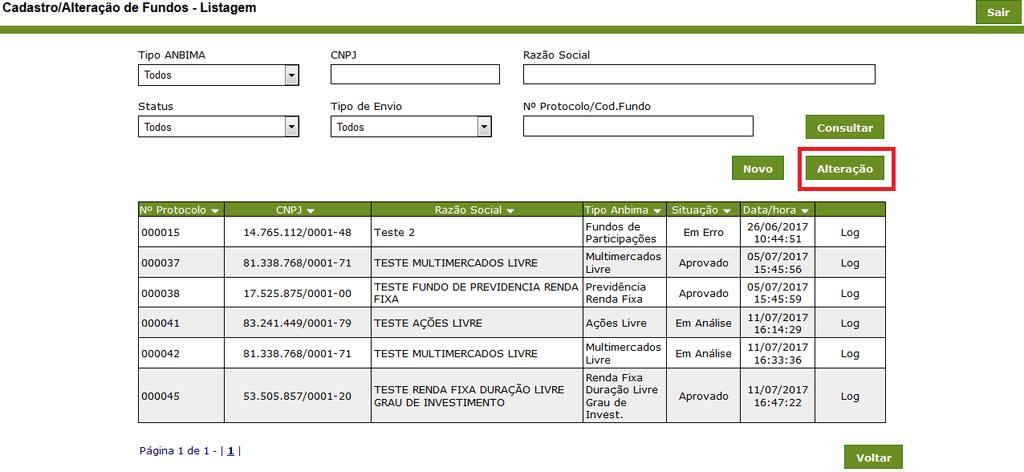 Alteração de fundos Para incluir alterações em um fundo, clique em Alteração.