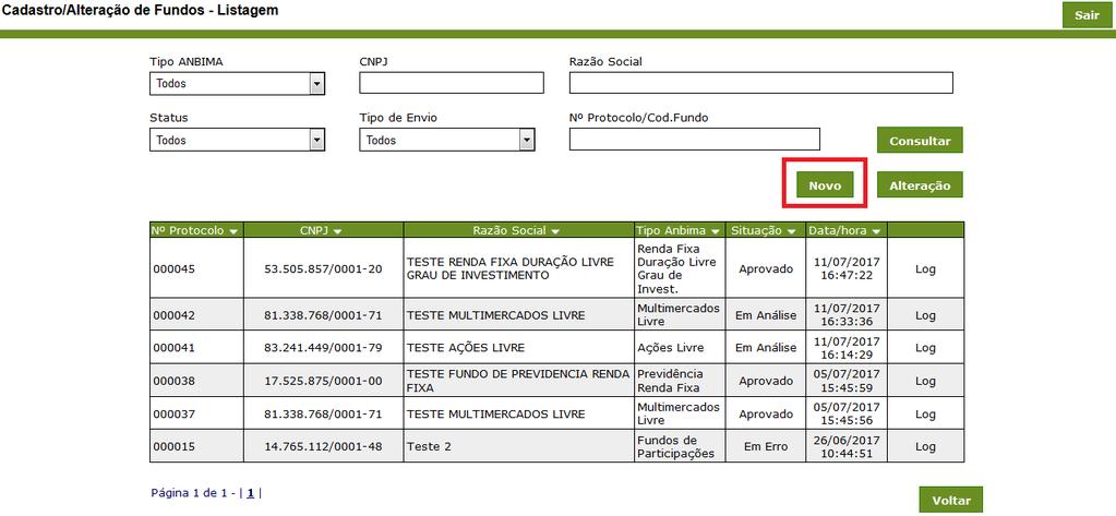 Registro de fundos Para incluir um registro de um fundo, clique em Novo.