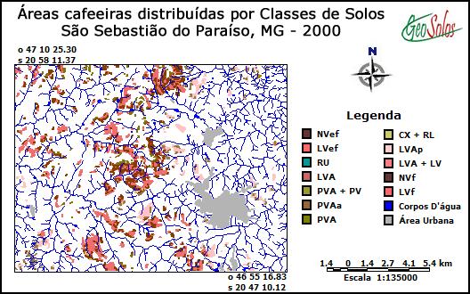 2009. Nas Figuras 10 e 11 estão representadas a quantificação das áreas de café em relação às classes de solos. No ano de 2000 o Latossolo Vermelhos férrico era ocupado com 38% das áreas cafeeiras.