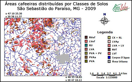 Figura 9. Áreas cafeeiras distribuídas por classes de solos São Sebastião do Paraíso, MG - 2009.
