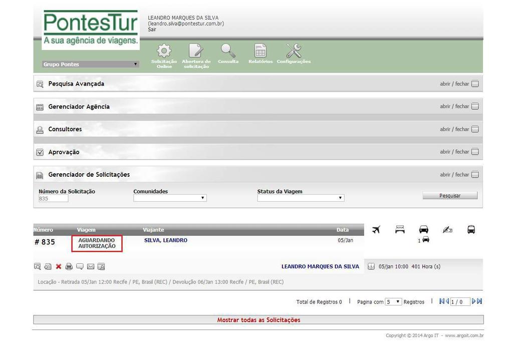 1 Clicando no botão escolher (janela anterior) o sistema muda o status da solicitação e dispara um email para o aprovador (mesma situação que