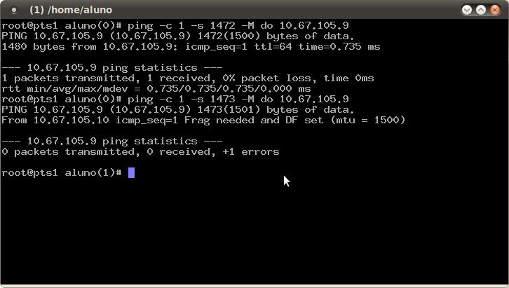 b. Fazer um ping forçando a não fragmentação do pacote (-f) e tamanho do pacote de 1600 bytes. Verificar qual o máximo tamanho do pacote que funciona. Explique.