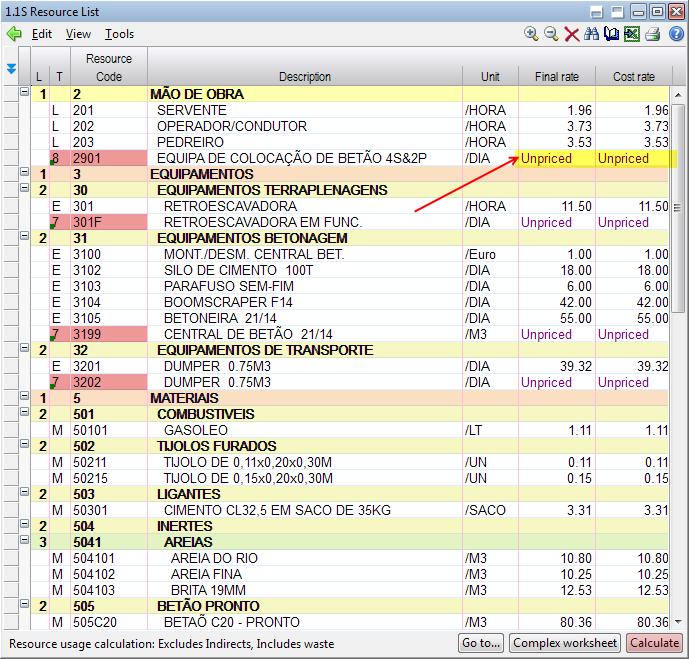 IMPORTACÃO DOS RECURSOS Os recursos complexos aparecem com Sem Preço (Unpriced) no valor unitário, porque