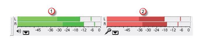 Barra de Volume É usada para monitorizar os volumes de entrada (1) (a vermelho) e saída (2) (a verde) de áudio. Só é activado em situações de gravação ou reprodução.