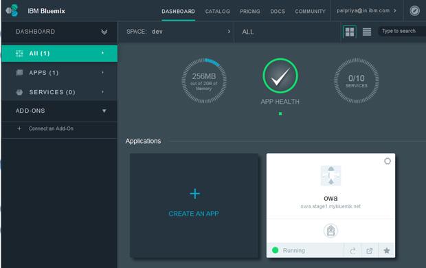 ibm.com/developerworks/br/ developerworks 5. Efetue login no IBM Bluemix e valide se o aplicativo owa está implementado e em execução com sucesso. Etapa 2.