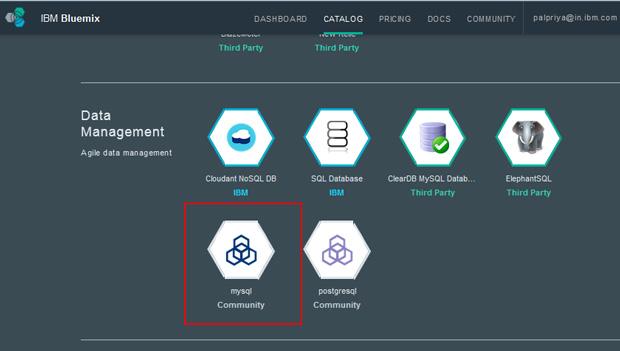 No IBM Bluemix, acesse a guia CATALOG, que mostra todos os boilerplates, tempos de execução e serviços disponíveis.