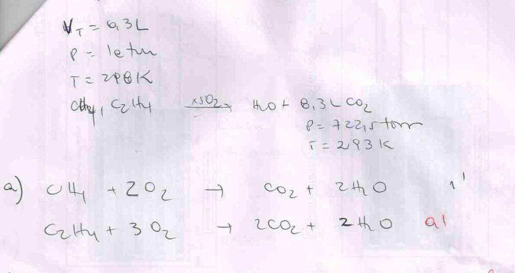 9. Uma mistura de 6,3 L de gás natural, a 1 atm de pressão e 25 o C e consistindo de metano (CH 4 ) e etileno (C 2 H 4 ), foi queimada com excesso de O 2.